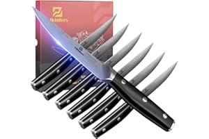 Piklohas Steak Knives Set of 6, 4.5 Inch Non Serrated Dinner Knife, Forged German Steel Damascus Pattern Straight Edge Meat K