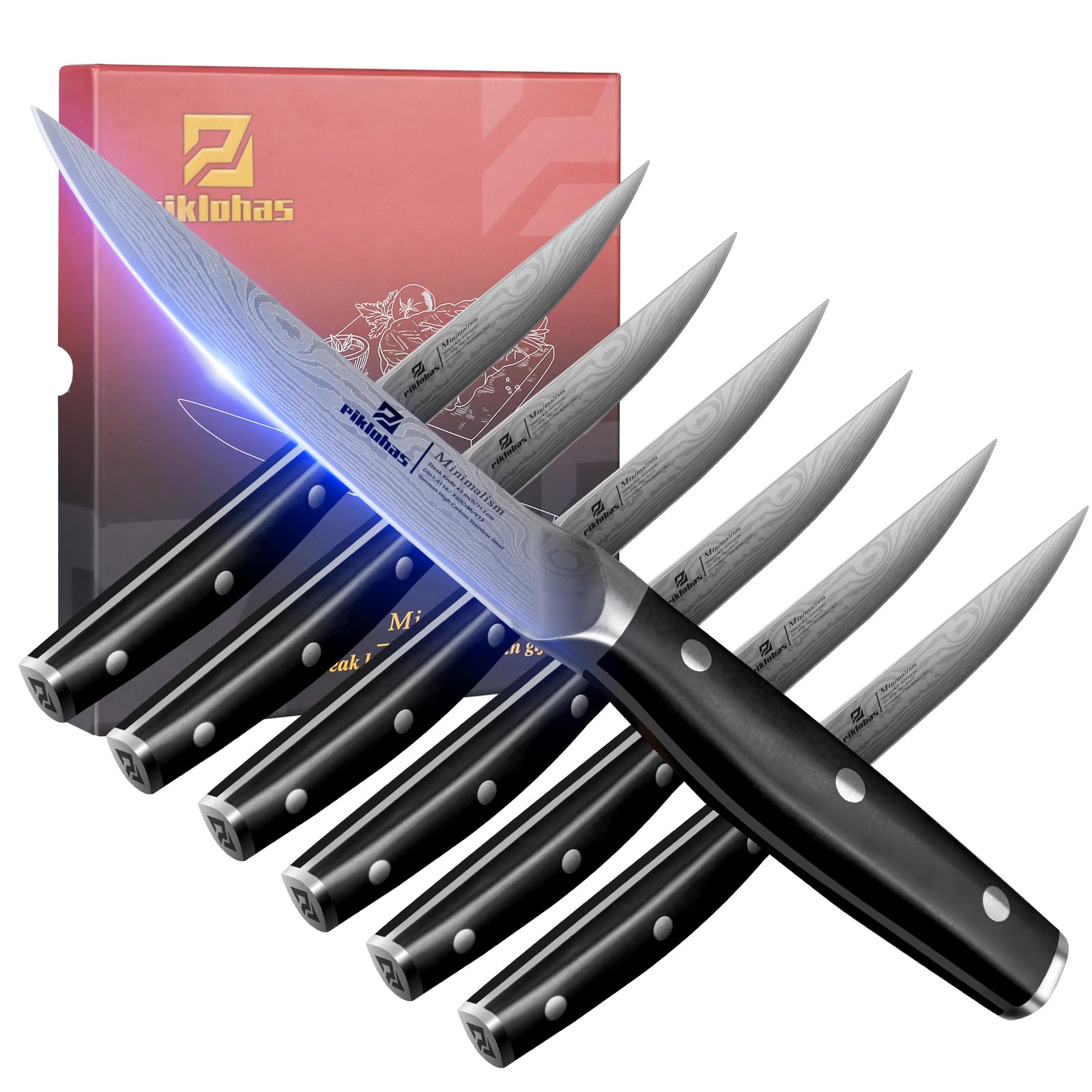 Photo 1 of Piklohas Steak Knives Set of 6, 4.5 Inch Non Serrated Dinner Knife, Forged German Steel Damascus Pattern Straight Edge Meat Knife with Full Tang Handle, Dishwasher Safe, Ideal for Gift