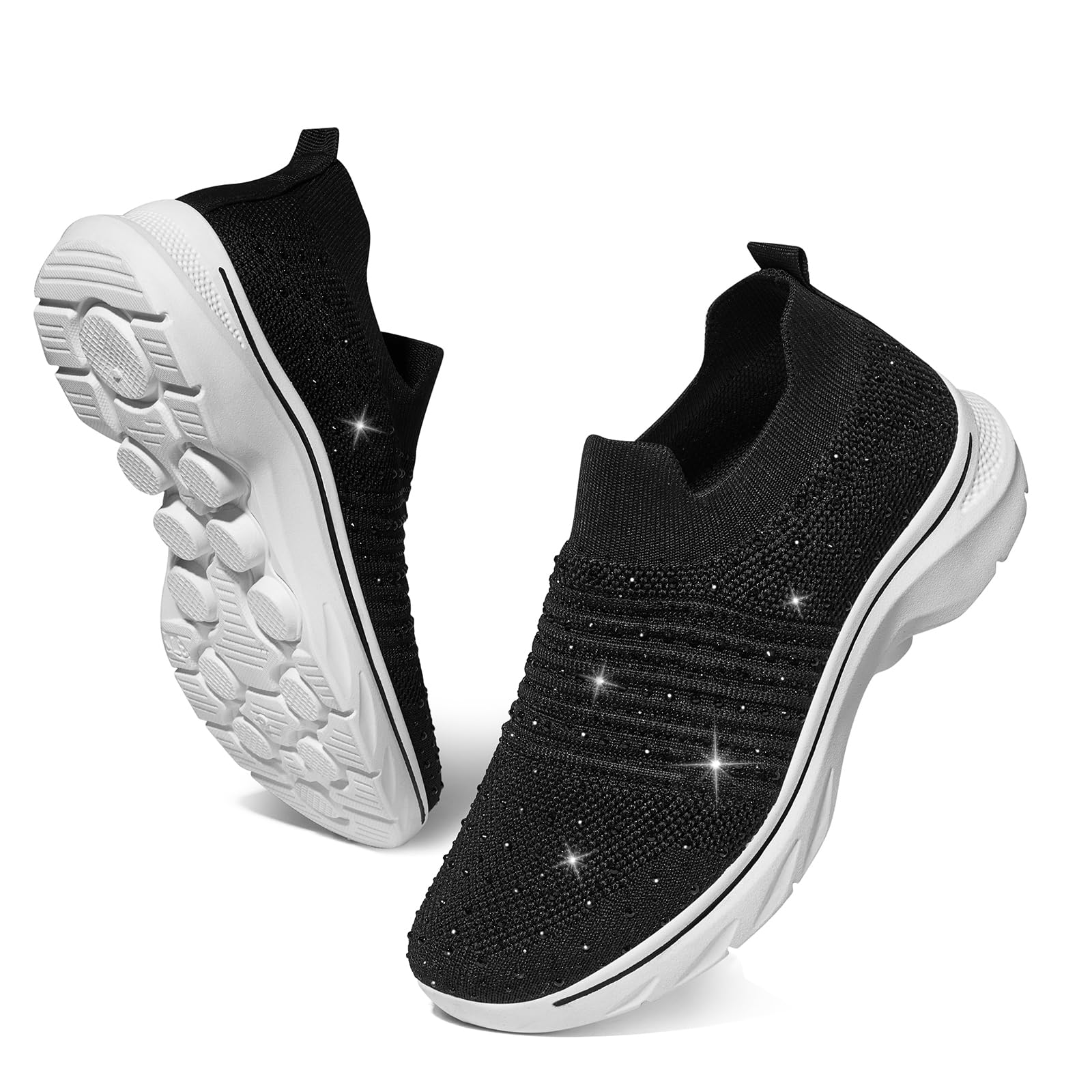 Photo 1 of SMILIN Women's Rhinestone Sneakers, Comfortable Bling Sparkly Glitter Tennis Shoes, Breathable Mesh Slip On Walking Shoes for Women Black
