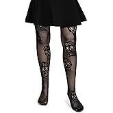 Black Fishnet Skull Stockings Tights - Gothic Day of the Dead Halloween Fish Net Pantyhose with Ripped Skeleton Sugar Skulls Stockings for Women and Teens
