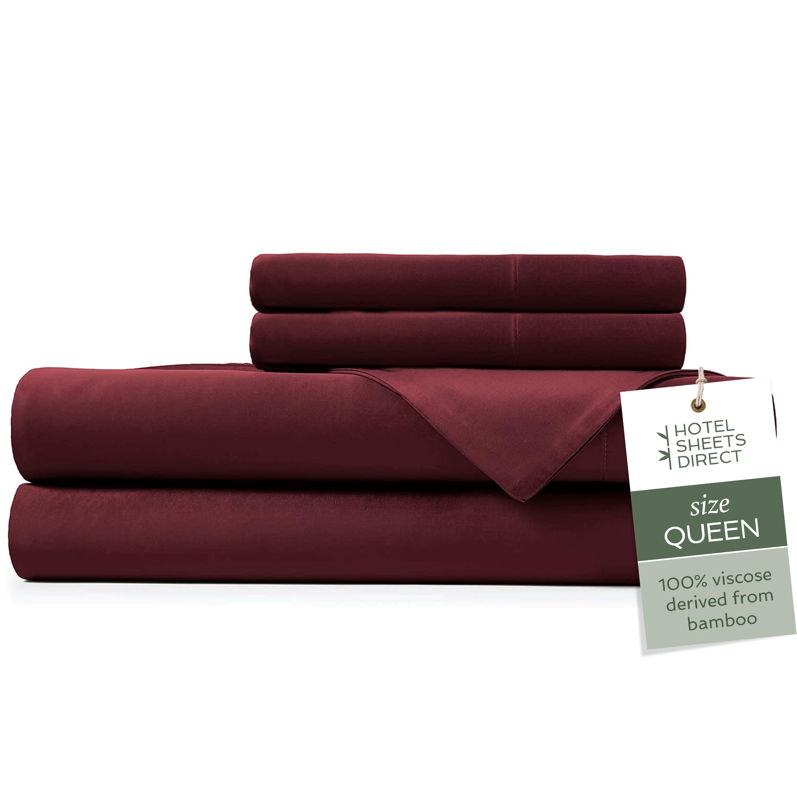 Photo 1 of Hotel Sheets Direct 4 Piece Bed Sheet Set Queen Size, 100% Viscose Derived from Bamboo Sheets Set with 2 Pillowcases, Cooling & Breathable Luxury Bedding, Moisture-Wicking & Silky Soft, Burgundy