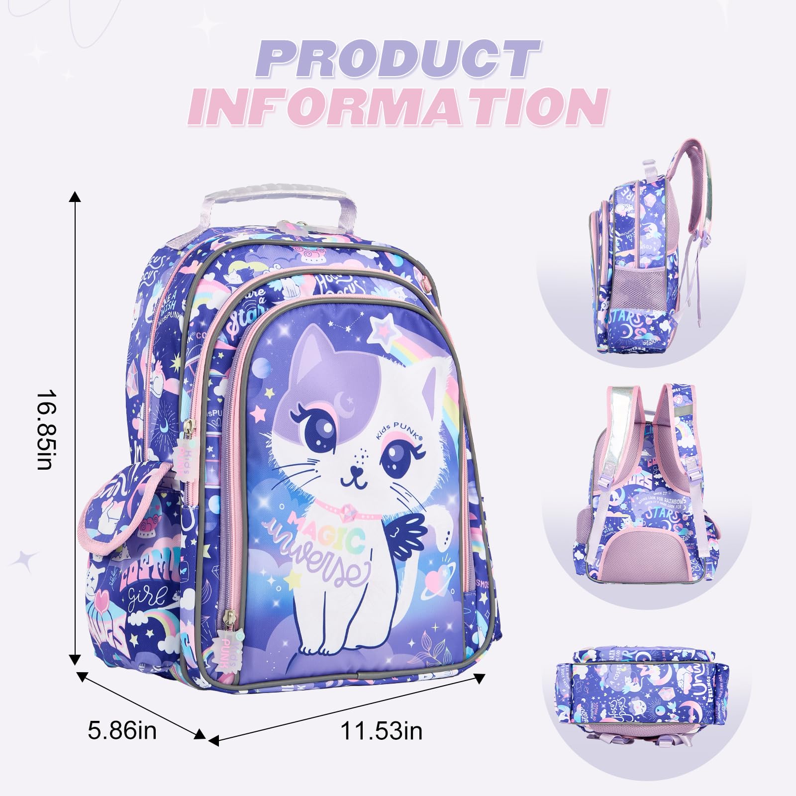 Girls Backpack Kids Backpacks for Girls Cute Cat Backpack Kawaii Backpack for Preschool Elementary Kindergarten,Light Purple Color,Large Capacity,16 Inch