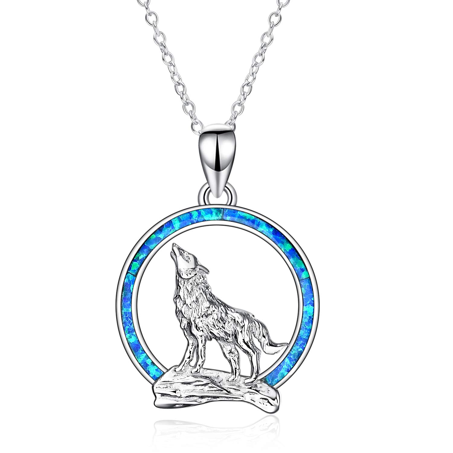 YFN Wolf Pendant Necklace 925 Sterling Silver with Opal Moon Necklace 18" Birthday Day Jewelry for Girlfriend Wife (Wolf with Blue Opal Moon Necklace)