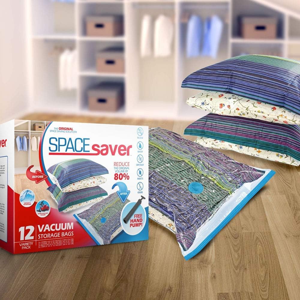 Spacesaver Premium Vacuum Storage Bags (3 x Small, 3 x Medium, 3 x Large, 3 x Jumbo) (80% More Storage Than Leading Brands) Free Hand Pump for Travel! (Variety 12 Pack): Home & Kitchen