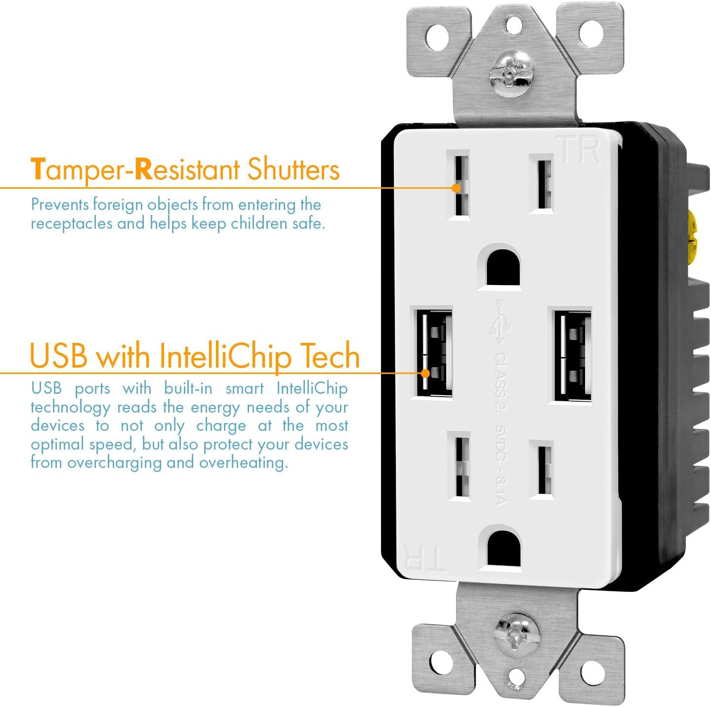 TOPGREENER 3.1A USB Outlet, USB Wall Outlet, 15A TR Receptacle, for iPhone XS/MAX/XR/X/8/7/6s/Plus, iPad, LG, HTC and more, Compatible Samsung Galaxy S9/S8/S7/S6, Note9/8/7 and more, 2-Pack, White - - 
