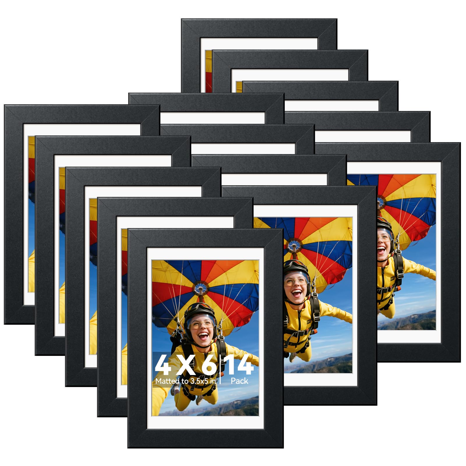 Photo 1 of HappyHapi 4x6 Picture Frames Set of 14, Tabletop or Wall Display Pictures 3.5x5 with Mat or 4x6 Without, Bulk Picture Frames Collage for Prints, Photos, Landscape and Artwork (Black)