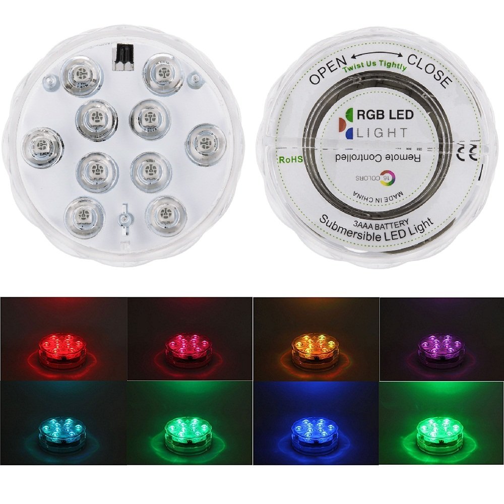 LUXJET RGB Submersible LED Lights Underwater Decor Lighting Color Changing for Aquarium, Pond, Fish Tank, Birdbath, IR Remote Control, Battery Operate, 2 Pack