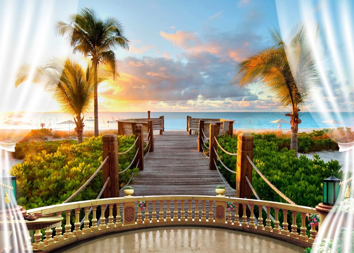 LYWYGG 8x6FT Summer Beach Backdrop Blue Sky Ocean Backdrop Coconut Tree Photo Backdrops Shower Backdrop Decoration Studio Backdrop Beach Theme Party CP-439-0806