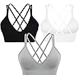 VEQKING Strappy Women Sports Bra V-Neck Criss Cross Back Padded Yoga Bra Seamless Workout Bras Spaghetti Strap Bralettes
