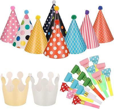 Opopark 11pcs Birthday Cone Hats with Pom Poms 9 Hats 2 Crowns 15 Blowouts