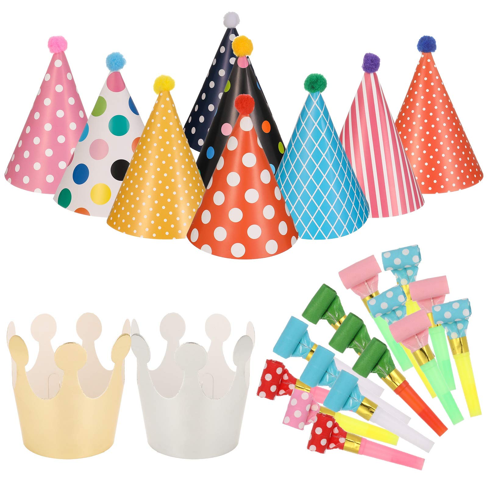 Opopark 11pcs Birthday Cone Hats With Pom Poms (9 Hats and 2 Crowns), 15 Pcs Blowouts, Mini Paper Hat and Blowouts Set for Boys Girls Children's Party Decoration
