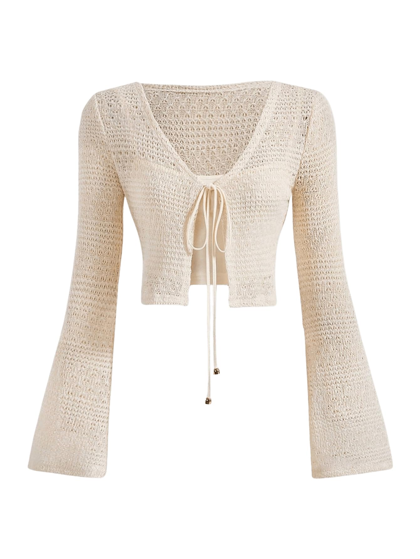 Photo 1 of Milumia Women's Tie Front Crochet Cover Up V Neck Bell Long Sleeve Crop Cardigans Apricot
