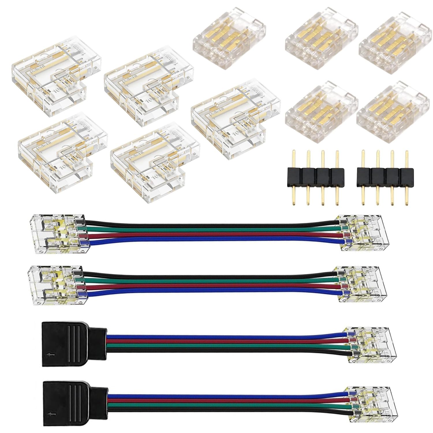 YUTOKEER 10mm Solderless COB RGB LED Strip Light Connectors Kit - 4 Pin, Transparent, Gapless, Extendable with Dual-Ends & Plug Extensions, Compatible Only with 10mm COB Strips
