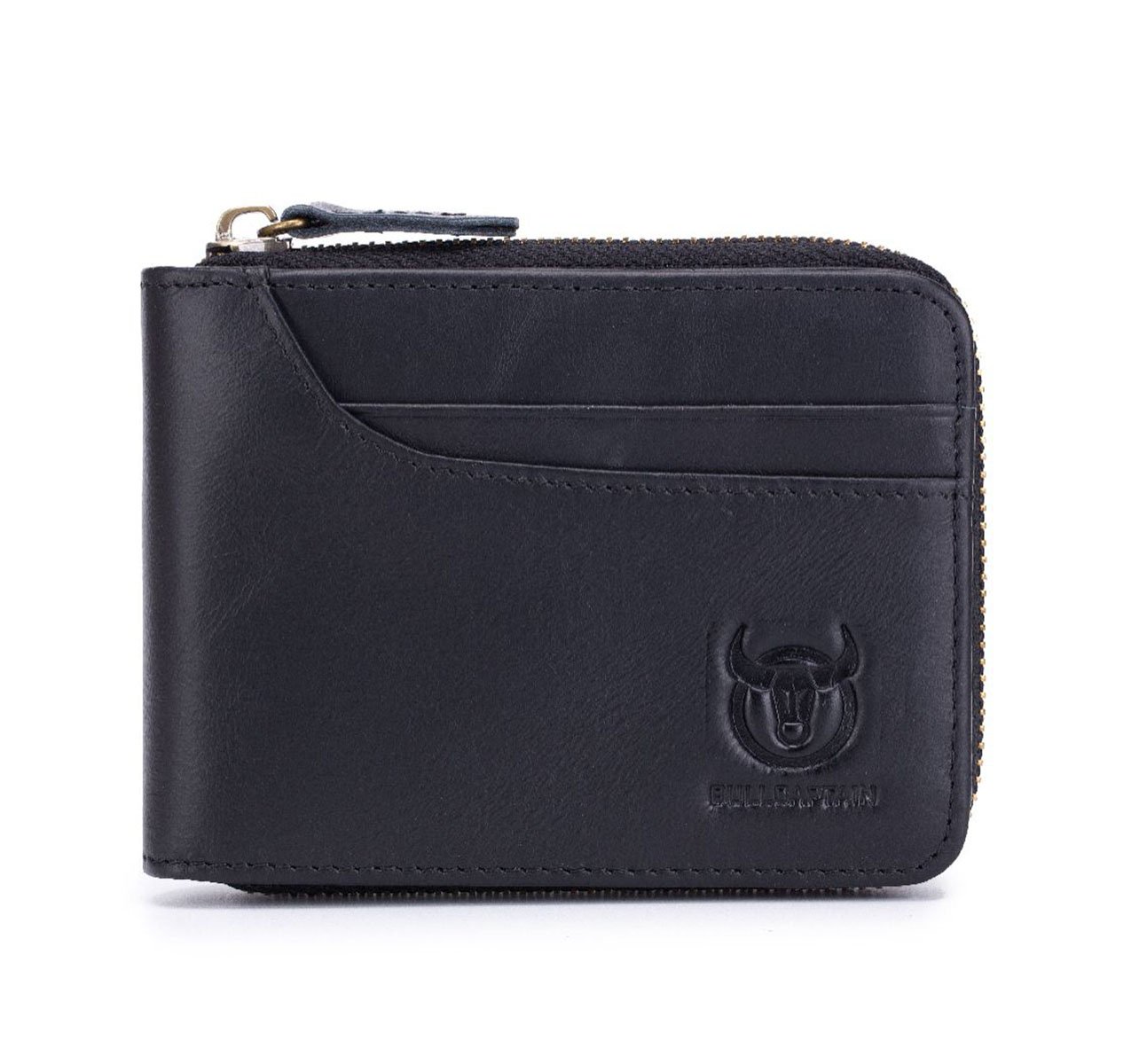 BULLCAPTAIN Leather Wallet Zipper Men Wallet, Mens RFID Antimagnetic Genuine Leather 11 Card Slots Wallet Coin Purse Wallet Credit Card Holder (Black)