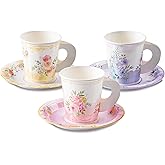 HOMIX 24 Paper Tea Cups and Plates, 7 OZ Disposable Paper Teacups and Saucer Sets for Hot and Cold Drinks for Birthday, Princess, Floral, Tea Party Decorations