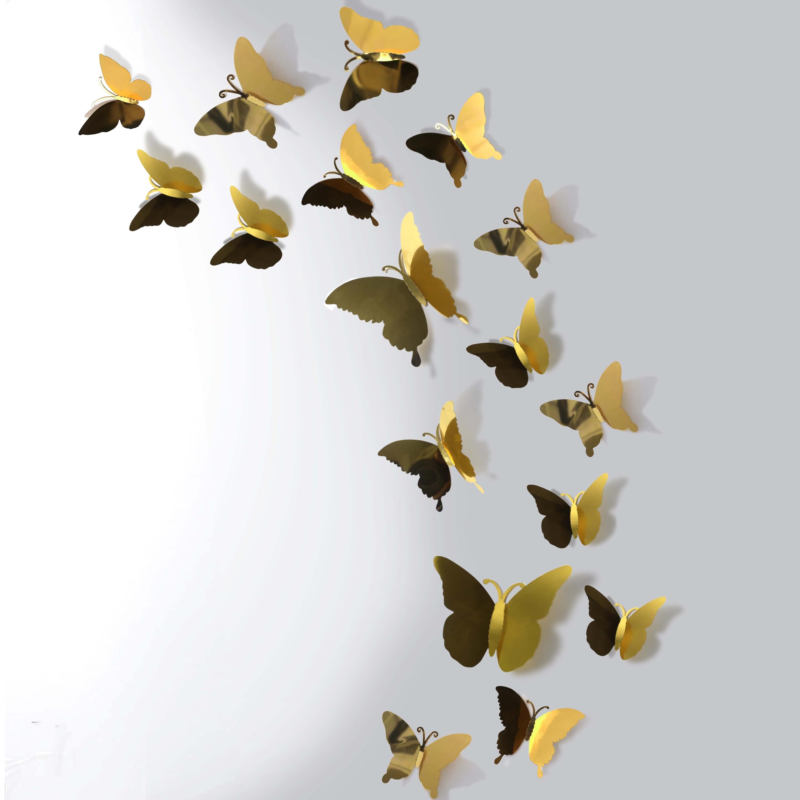 3D DIY Mirror Metallic Butterfly Wall Decor, Gold, 48Pcs 4 Styles 3 Sizes, Removable Stickers Wall Decor Room for Party Cake Decoration Kids Bedroom Nursery