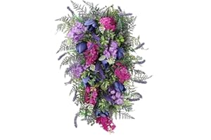 belupai 17in Artificial Tulips Teardrop Swag Wreath, Spring Summer Front Door Teardrop Wreath with Lavender Fake Colorful Floral Swag Wreaths for Front Door Window Wall Decorations(Dark Purple)