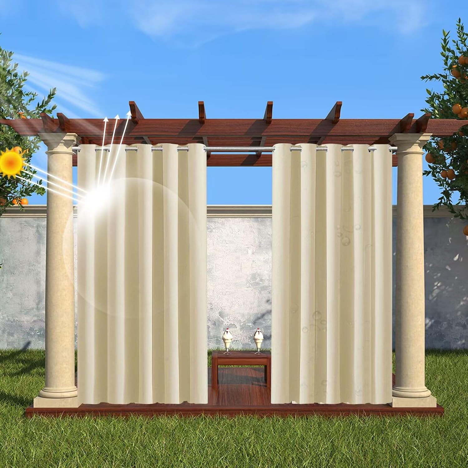 Outdoor Curtains - Soulitem Outdoor Curtains Waterproof for Patio, Blackout Curtains with Grommet 1 Panel for Outdoor & Indoor, for Pavilion Pergola Porch, Beige, 100x95in(254x241cm)