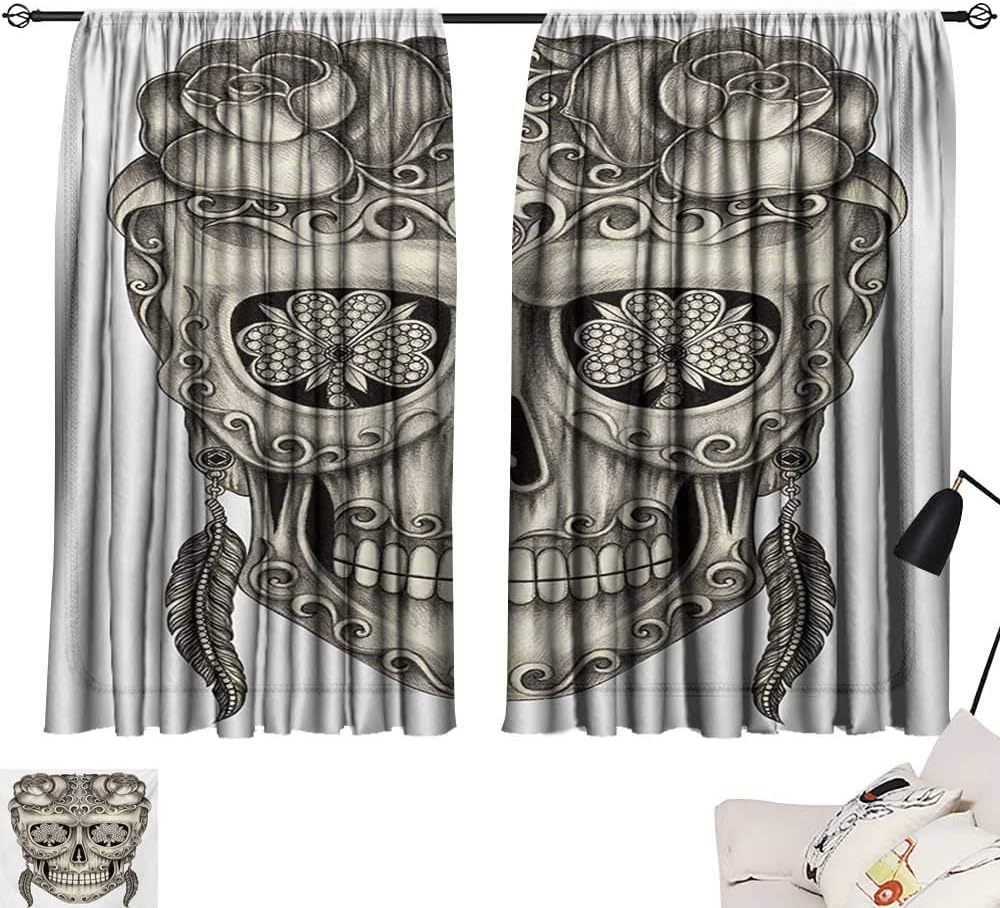 Ediyuneth Navy Curtains Day of The Dead,Spanish Sugar Skull with Roses Dragonfly Eyes Feather and Earrings Artwork,Grey Ivory 54"x63",Home Garden Bedroom Outdoor Indoor Wall Decorations