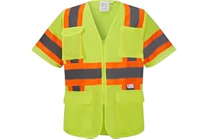 3C Products SV5300, ANSI/ISEA Class 3, High Vis Mesh Safety Vest, 3M Reflective w/Orange binding, 7 Pockets, Neon Green