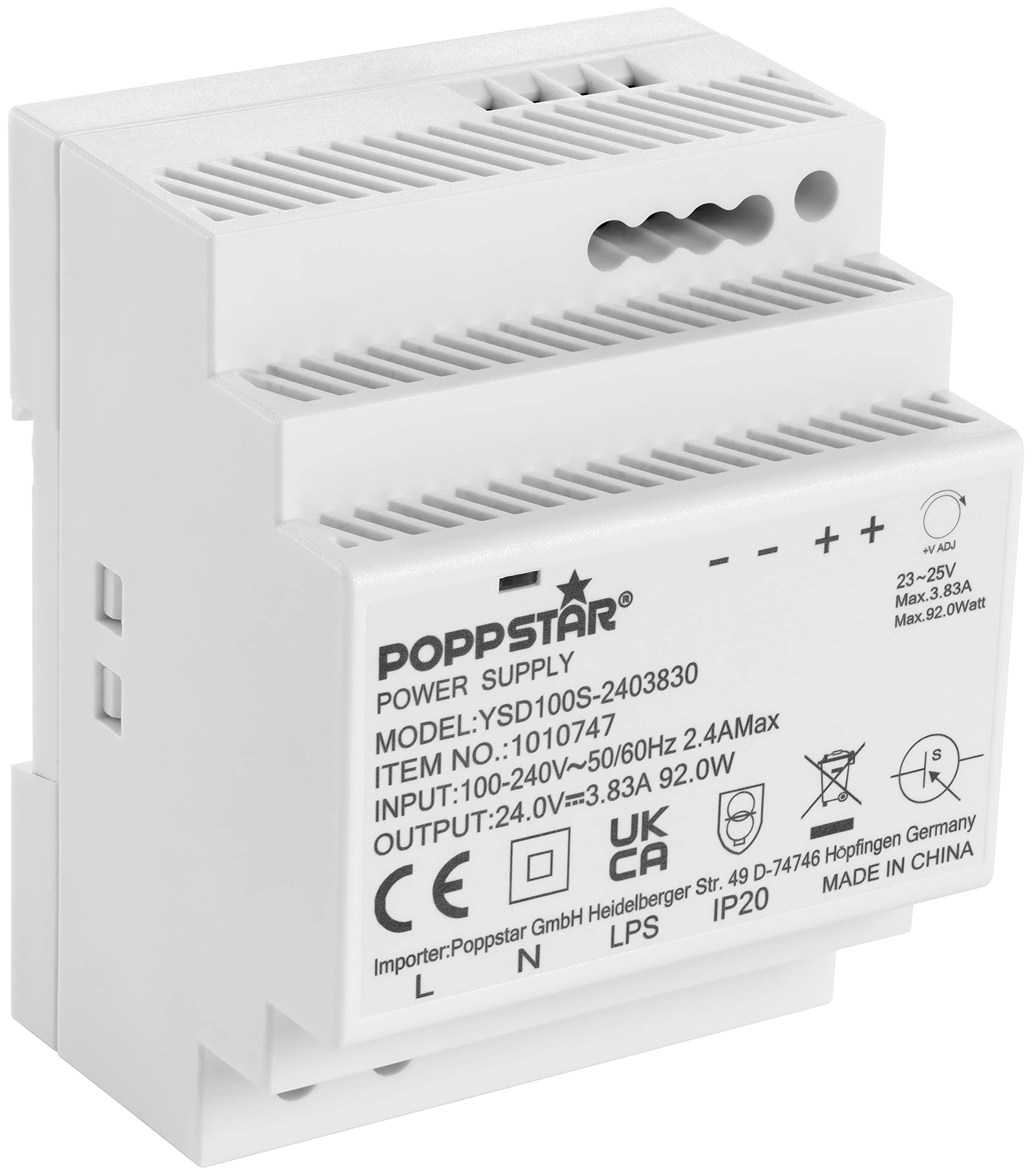 Poppstar DIN rail power supply P-100-24- 24V 3.83A 92W (Input 100-240 V AC 50/60 Hz, Output 24 V DC 3.83 A 92 W)