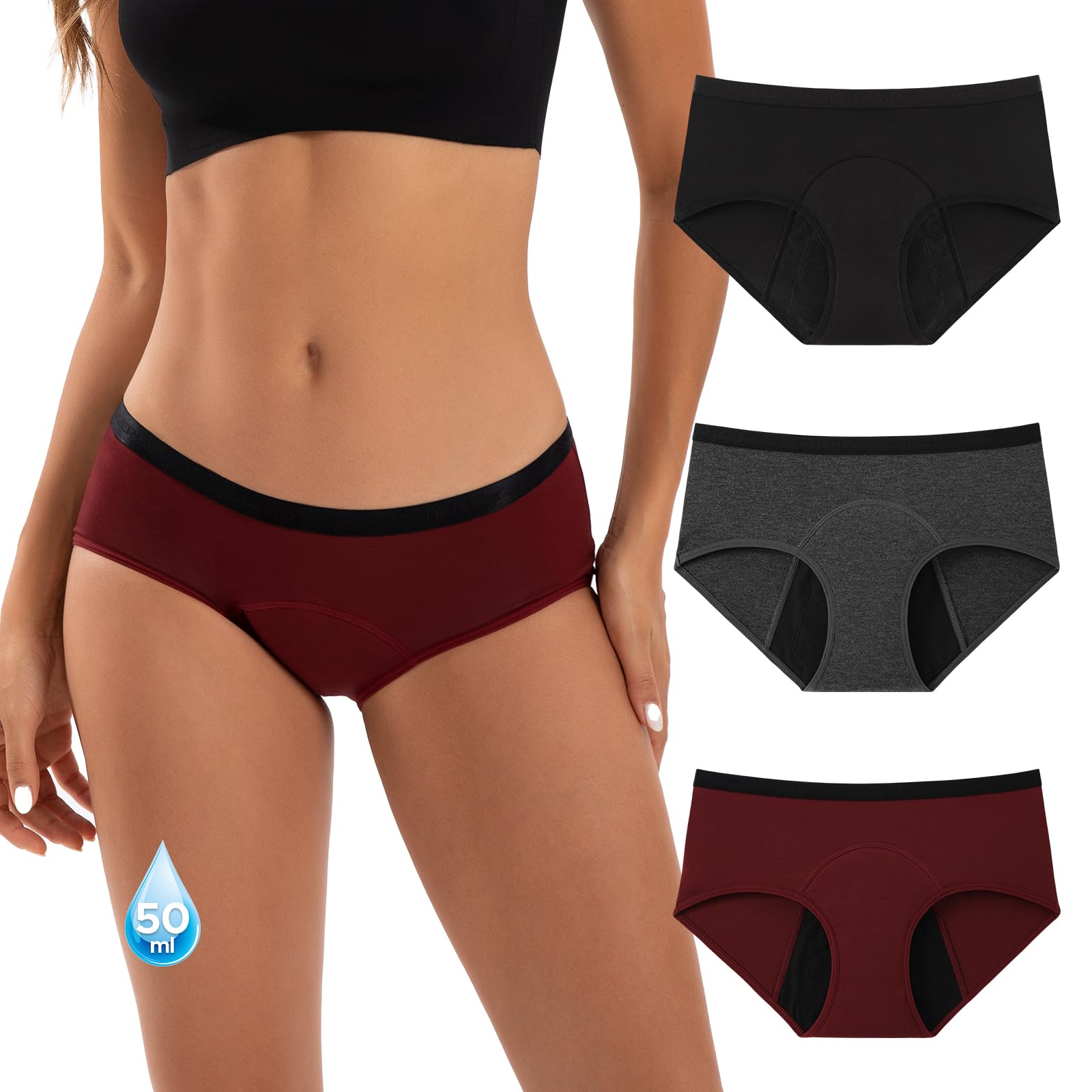 INNERSY Period Underwear Heavy Flow Menstrual Pants Washable Bamboo Incontinence Knickers 3 Pack (16, Black/Marl Grey/Dark Red)