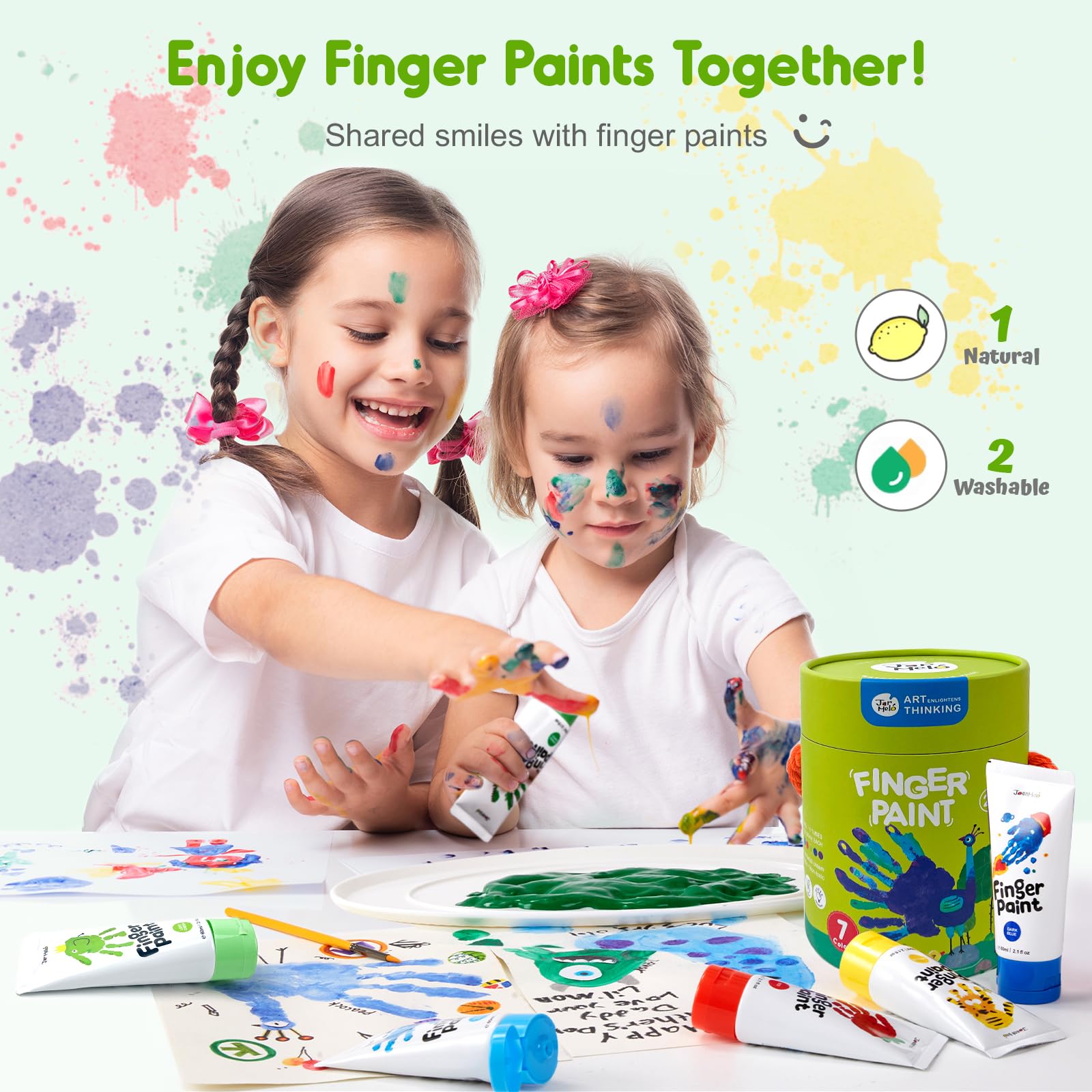 Jar Melo Washable Finger Paints for Toddlers, 7 Colors Large Capacity (2.1fl oz), Non Toxic Baby Paint for Hand and Feet, Safe Art Supplies, Preschool Learning Gifts for Kids Age 2+