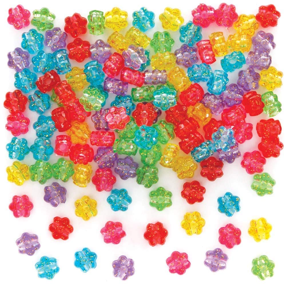 Baker Ross AX921 Flower Pony Beads - Pack of 300, Multi Coloured Embellishments for Children's Jewellery Making, Arts Crafts and Crafting Activities, Blue,Green,Pink,Purple,Red
