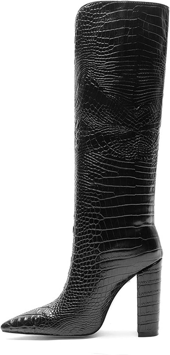 Amazon Co Jp 女性用ニーハイブーツクロコダイルパターンレザーハイブーツ ソリッドカラーブ 黒 35eu 4 5us 服 ファッション小物