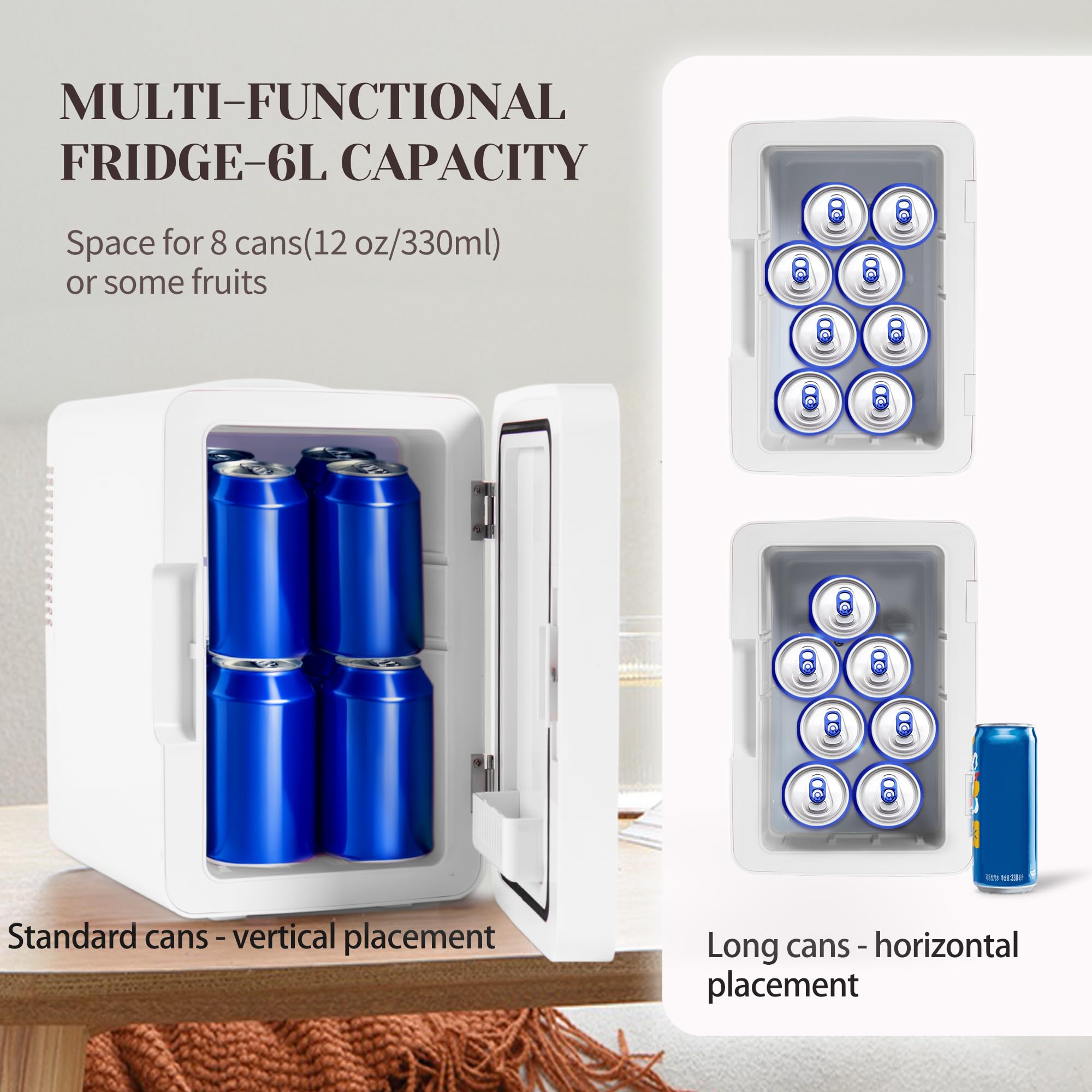 Mini Fridge for Bedroom 6L/8 Cans Skincare Fridge with LED Miroor Portable Cooler & Warmer 110V AC/12V DC Compact Small Refrigerator for Skin Care Cosmetic Beverages Drinks, Office Dorm and Car, White - Image 6