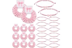 Hoteam 24 Sets Coquette Party Gifts Bulk Adjustable Coquette Bow Braid String Bracelets Pink Hair Scrunchies with Bow Cards Cheerleader Birthday Party Favor for Cheer Dance Team Friends Gift