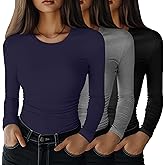 Velvelhall 3 Pack Women's Long Sleeve Shirts, Crew Neck Side Ruched Tops Slim Fit Casual T Shirts Basic Fashion Tight Tees