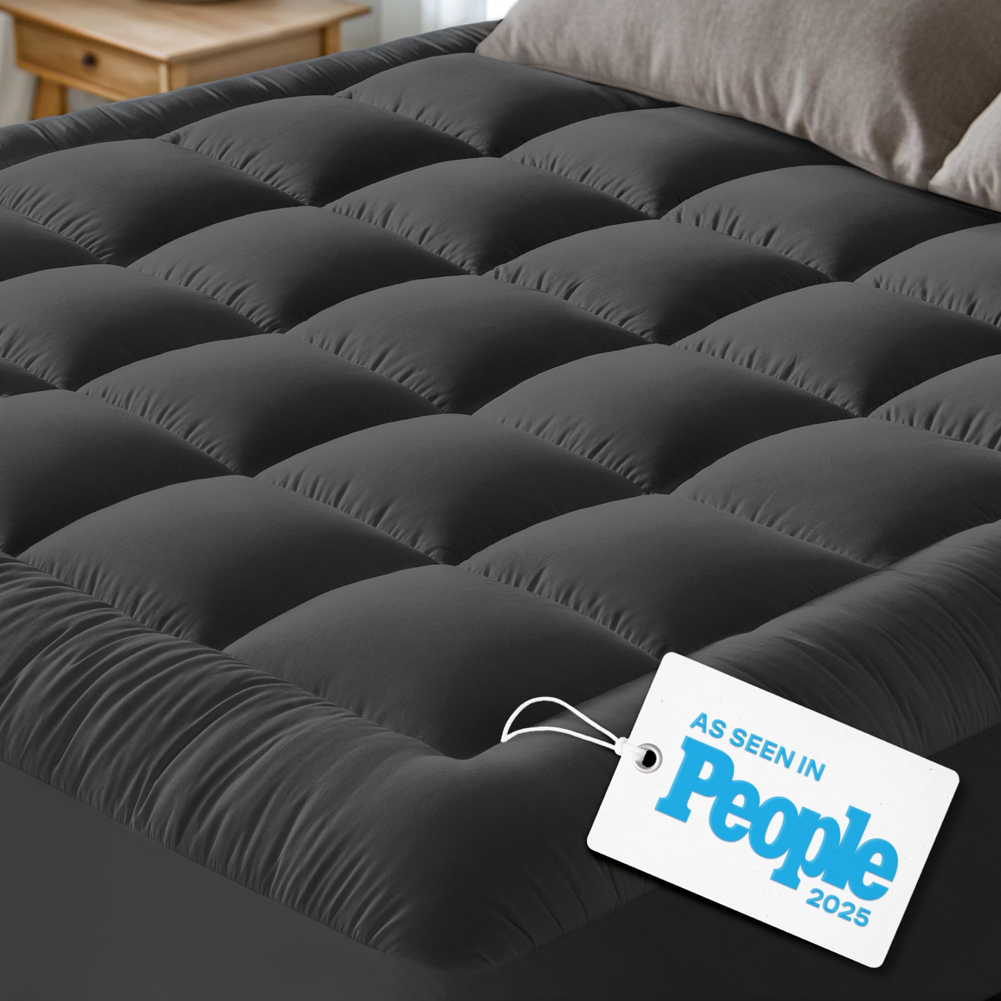 Cloud-Like Queen Mattress Topper - 100% Cotton Top Mattress Pad for Back Pain Relief - Breathable & Naturally Cooling for Hot Sleepers, Dark Gray Image