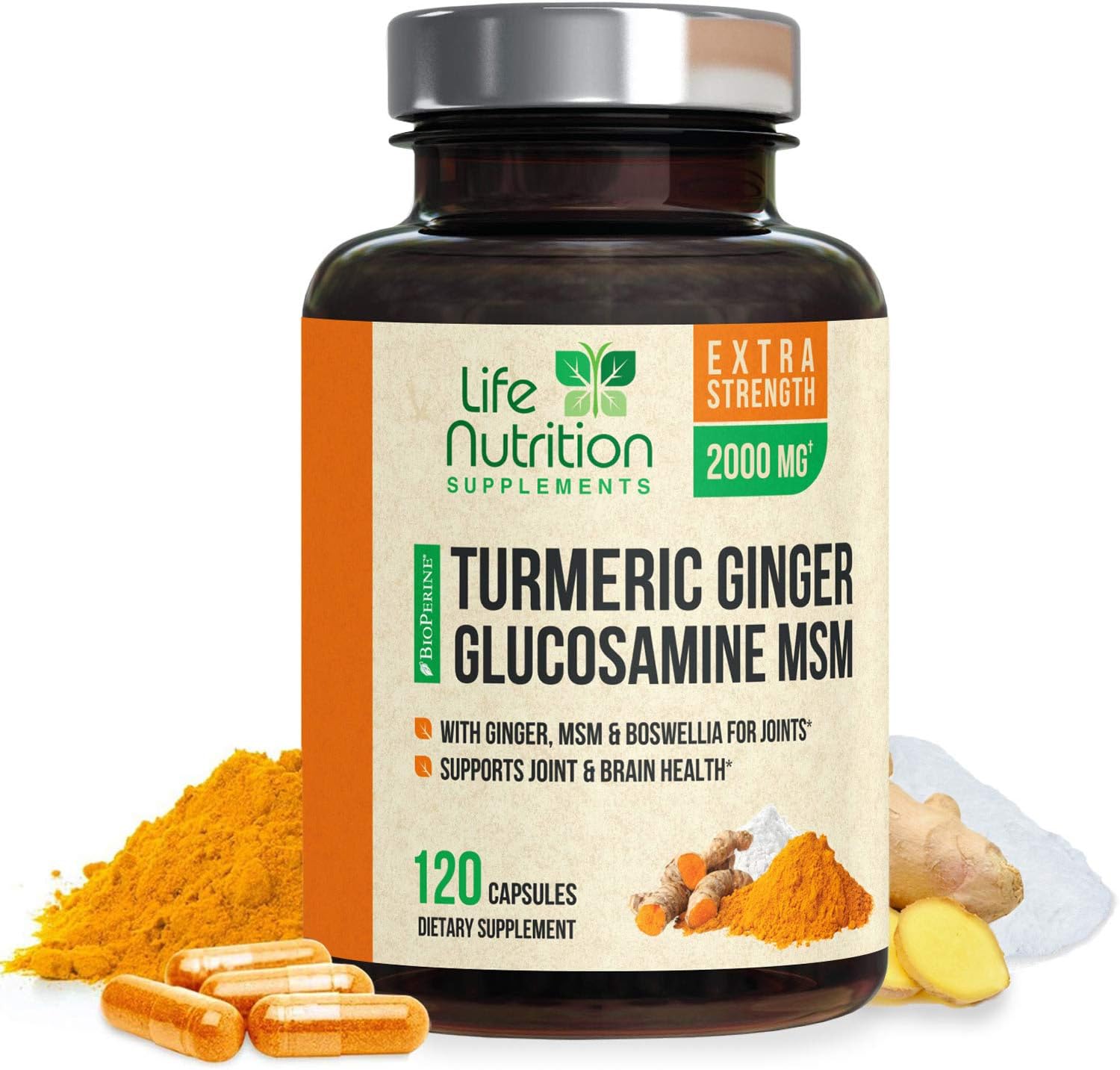 Turmeric Curcumin with Ginger, Glucosamine & MSM 2000mg 95% Curcuminoids, Bioperine for Best Absorption, Best Joint Support, Made in USA, Turmeric Pills by Life Nutrition - 120 Capsules