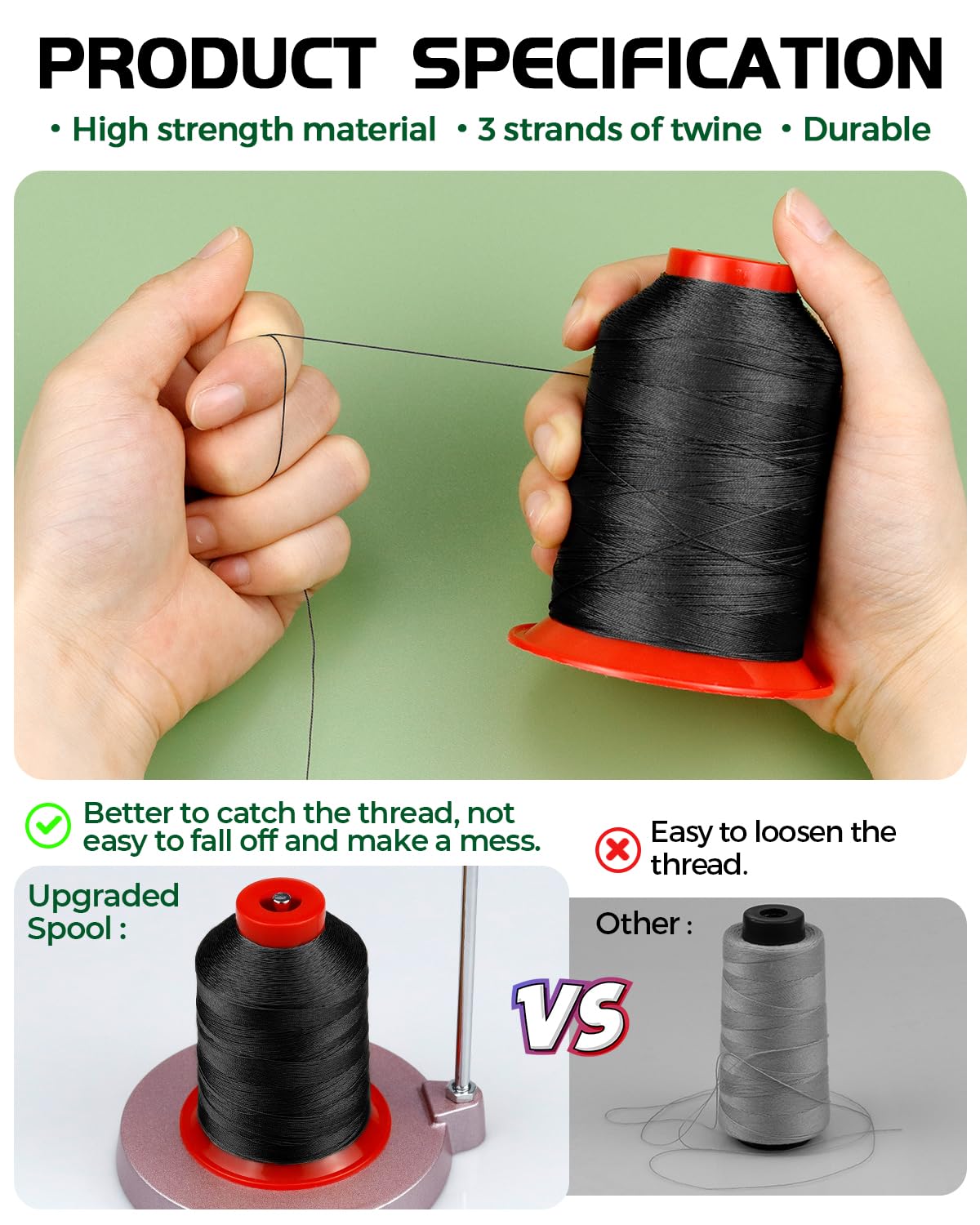 1000 Meters FIVEIZERO Extra Strong Upholstery Thread,Black Bonded Nylon Thread for Denim Leather,Craft,Machine,DIY and Home (1 Pack) CJ