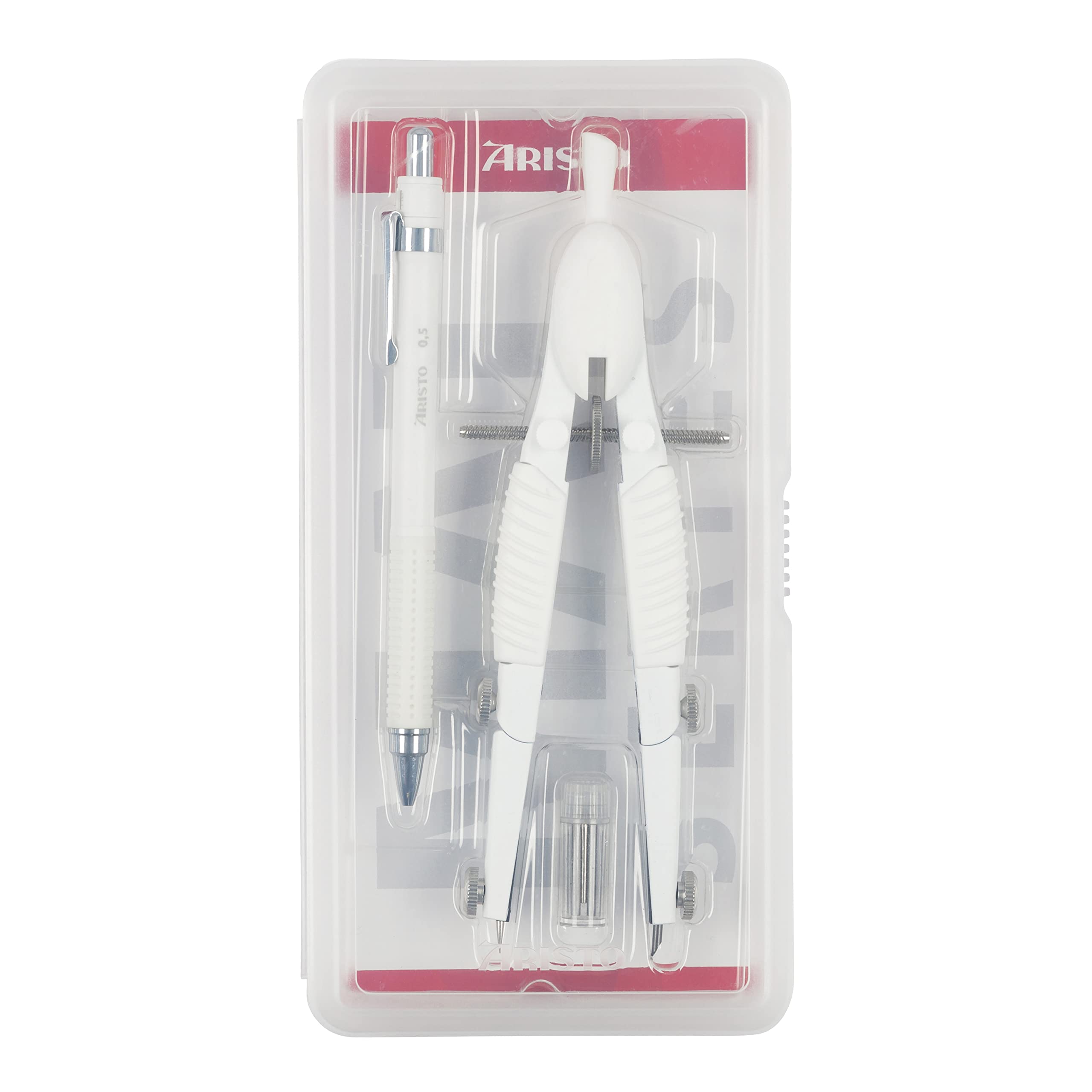 Aristo Topline Mat Series Quick Adjustment Compass and Mechanical Pencil (Circles up to 370 mm Diameter, Leads, Die-Cast Zinc Legs) White