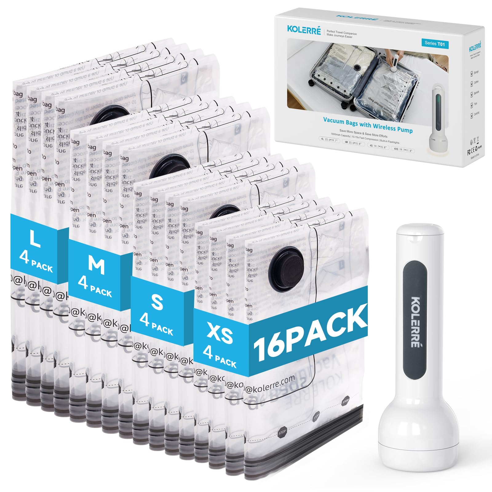 Photo 1 of 16 Pack Travel Vacuum Bags with Upgraded Rechargeable Pump, 4 Sizes Space Saver Vacuum Storage Bags for Luggage and Suitcase, Compression Bags for Packing, Vacuum Seal Bags for Clothing Travel