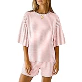 LOMON Two Piece Sets for Women Summer 3/4 Sleeve Tops and Elastic Waist Shorts Pajamas Cute Comfy Soft Lounge Striped Pjs
