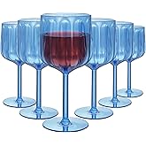 LEYIQU Plastic Wine Glasses 14oz Set of 6, Vintage Goblets Unbreakable Reusable BPA-Free Stemmed Drinking Glasses for Parties, Weddings & Events Petal-Patterned (Blue)