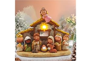 MeritMode Christmas Nativity Set with Baby Jesus in Manger, Little People Nativity Set with LED Lights, Nativity Sets for Christmas Indoor, Hand Painted Mini Decorative Religious Gift Figurines