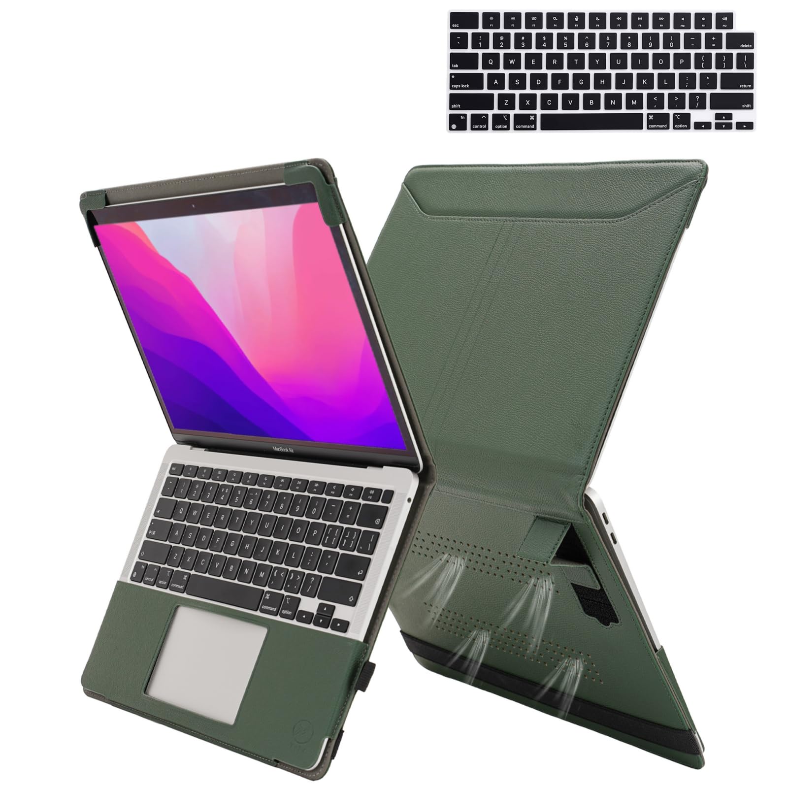 TYTX PU Leather Case Compatible with MacBook Pro 14 inch 2024-2021 Release M3 A2918 A2992 M2 A2779 M1 A2442 Pro Max Chip with Heat-Vent and Stand Function, Laptop Sleeve with Keyboard Cover, Green