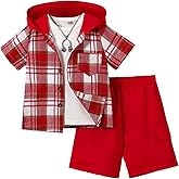 Fdqin Boys Clothes Shorts Sets Plaid Short Sleeve Hooded Button Shirt and Jogger Shorts for Kids Summer Outfits