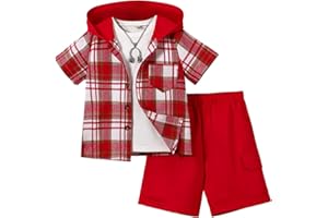 Fdqin Boys Clothes Shorts Sets Plaid Short Sleeve Hooded Button Shirt and Jogger Shorts for Kids Summer Outfits