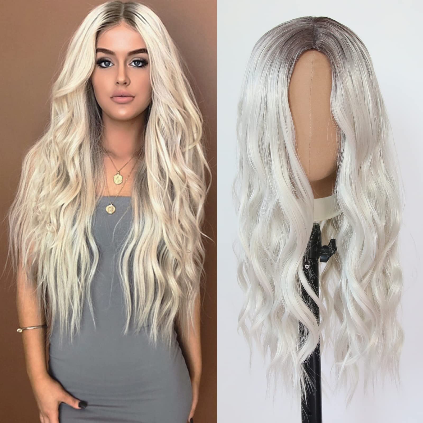 Towarm Long Wavy Ombre Blonde Wig Middle Part Platinum Blonde Synthetic Curly wig Dark Roots for Women Glueless High Temperature Fiber Cosplay Daily Wear Wig (Color 556)