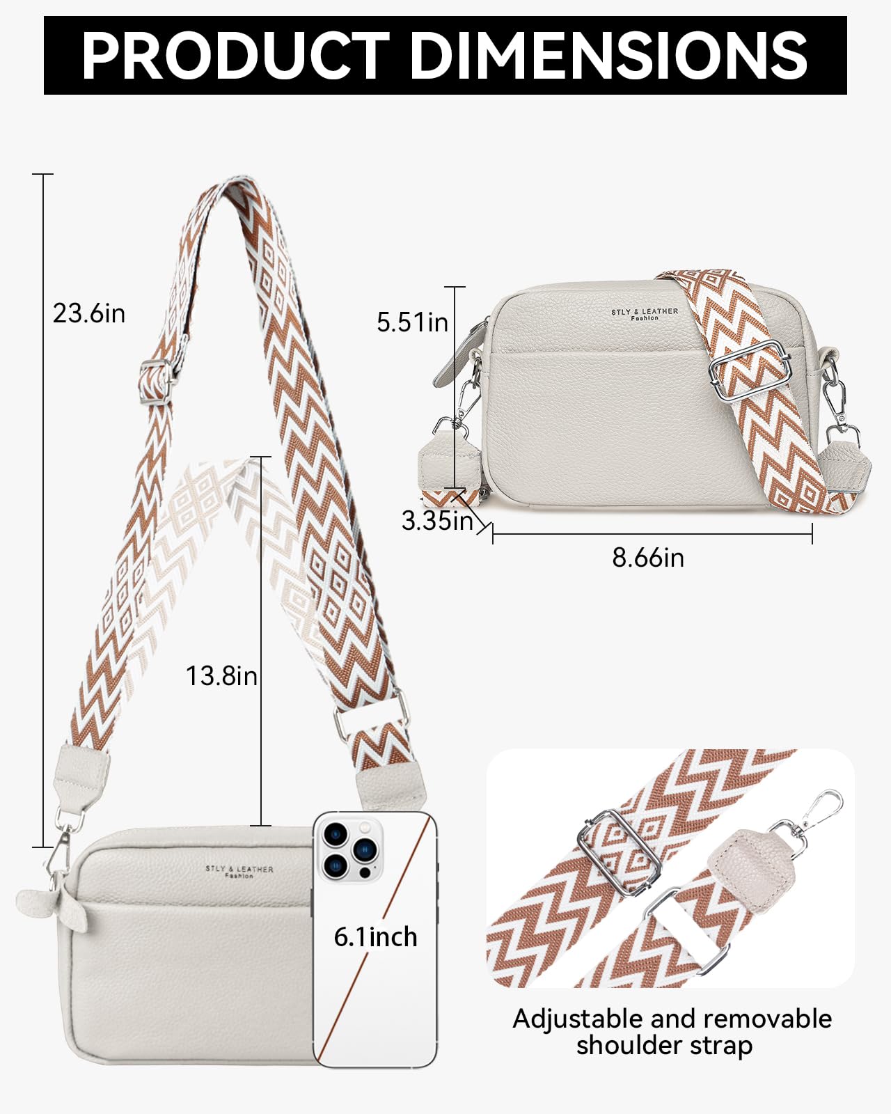 Crossbody Bag Damen, Echtes Leder Umhängetasche Klein Mode Mit Breitem Gurt, Schultertasche Handytasche zum Umhängen für Arbeiten Einkaufen Dating Reisen, Beige