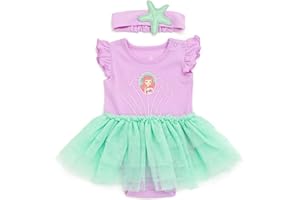 Disney Princess Baby Girls Cosplay Bodysuit With Skirt Overlay & Headband Outfit Set Newborn to Infant Sizes (0-24 Months)