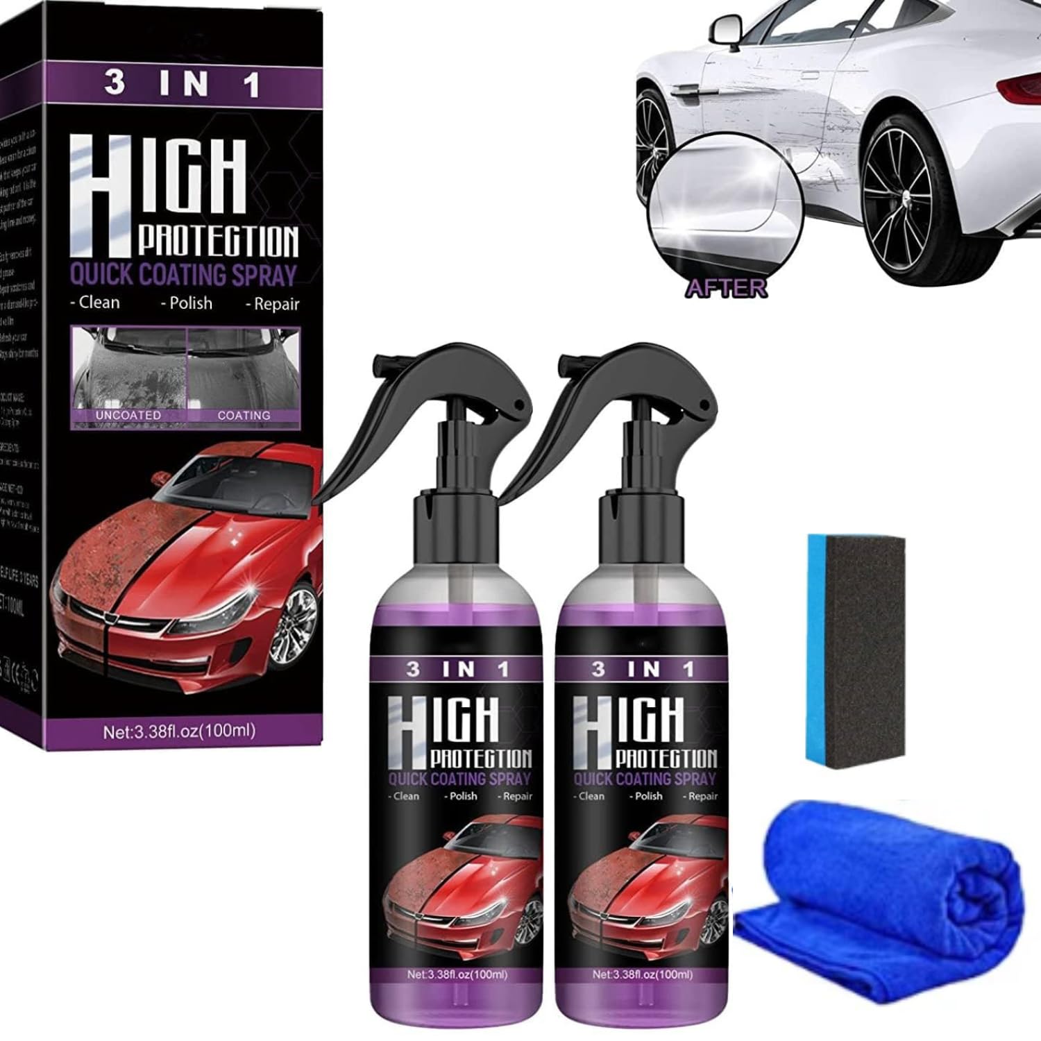 Photo 1 of 2PCS 3 in 1 High Protection Car Coating Cleaning Spray, High ProtectionQuick Coat Car Wax Polish Spray,Car Scratch Repair Spray, Easy to use and Clean, Fast car Coating Spray (Sponge + Cloth)