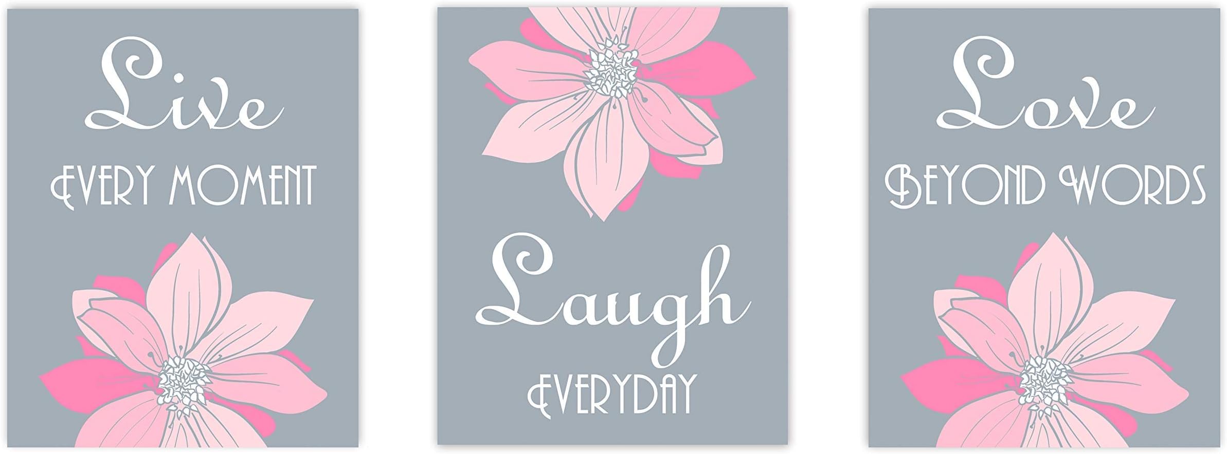 Live Laugh Love Pink and Gray Wall Art Set of 3 5x7 or 8x10 Prints ((unframed))