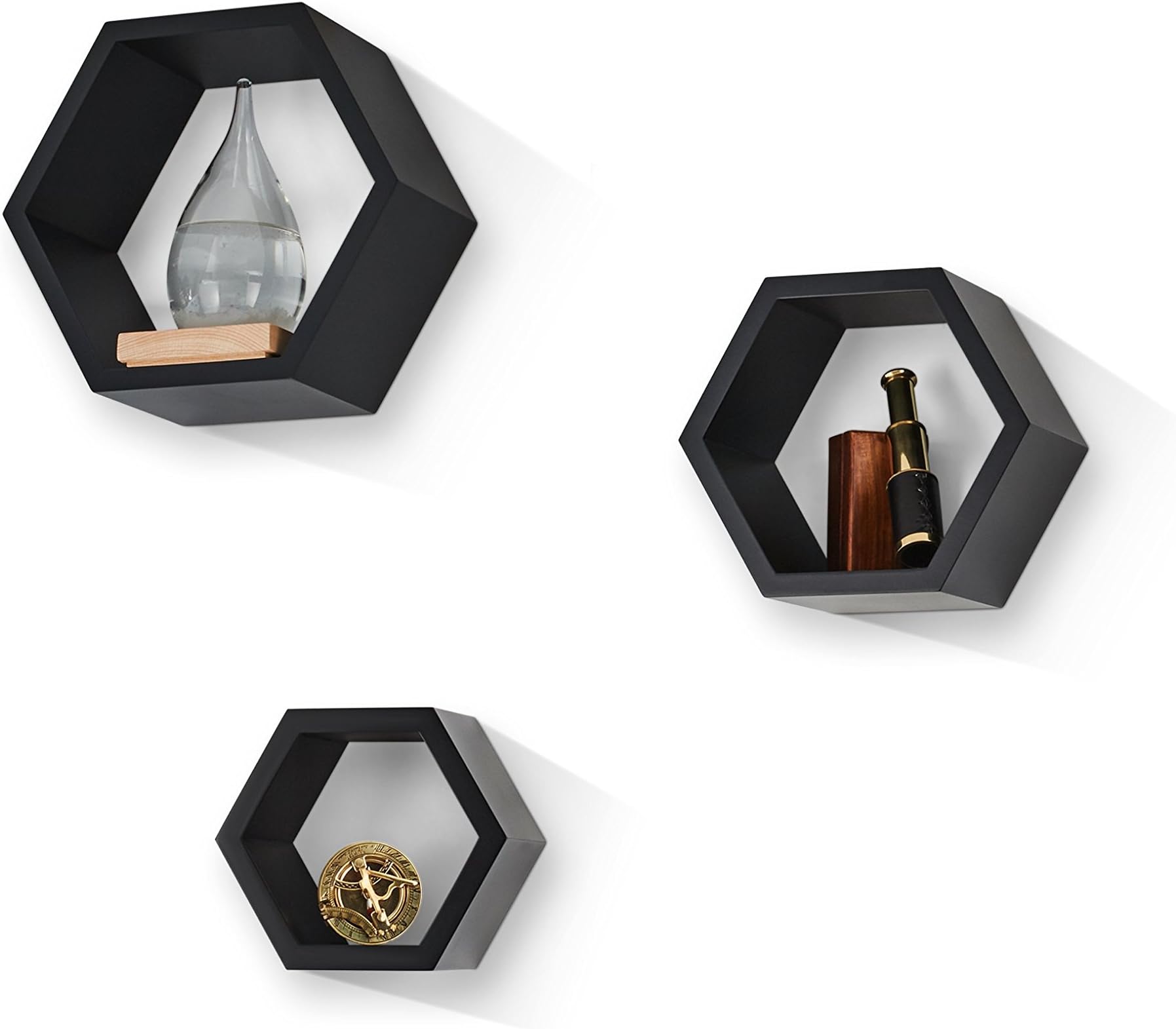 Mesola Design, Wood Floating Shelves Hexagon Shape - Large Hanging Wall Mount Shelf Set - Deep Shelves Perfect for Home Decor, Living Room, Bathroom, Bedroom, Kitchen, and More - Set of 3 (Black)