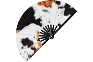 FAN-DOM Cow Print Pattern UV Glow Foldable Hand Fan Cow Fur Print Patterns Stuff Handheld Fan Animal Leopard Print Fan for Animal Print Lovers (Style 2)